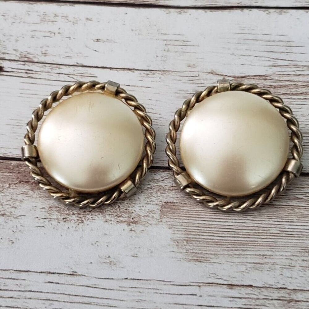 Vintage Clip On Earrings - Large Gold Tone Circle with Woven Halo Statement